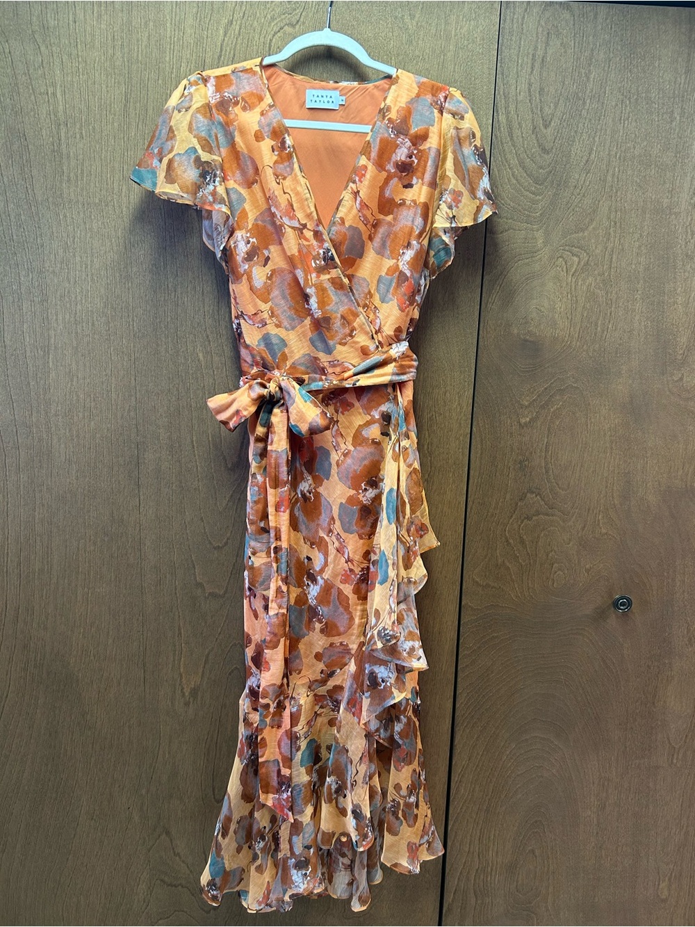 Tanya Taylor Floral Wrap Midi Dress in Rust Multi, size 14, fits like size 12.